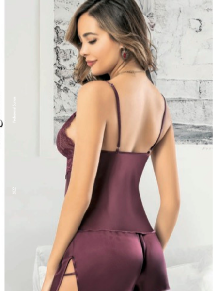 Bordo Saten Şortlu Takım