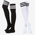 Üç Çizgili Pamuklu 2'li Diz Üstü Çorap Beyaz - Desen Çorap